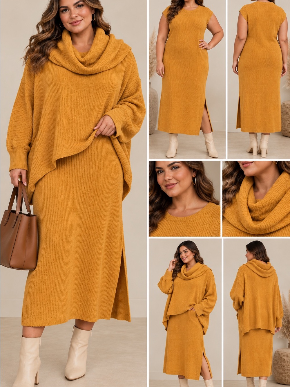 Cozy Cowl Neck Sweater Dress - Mustard